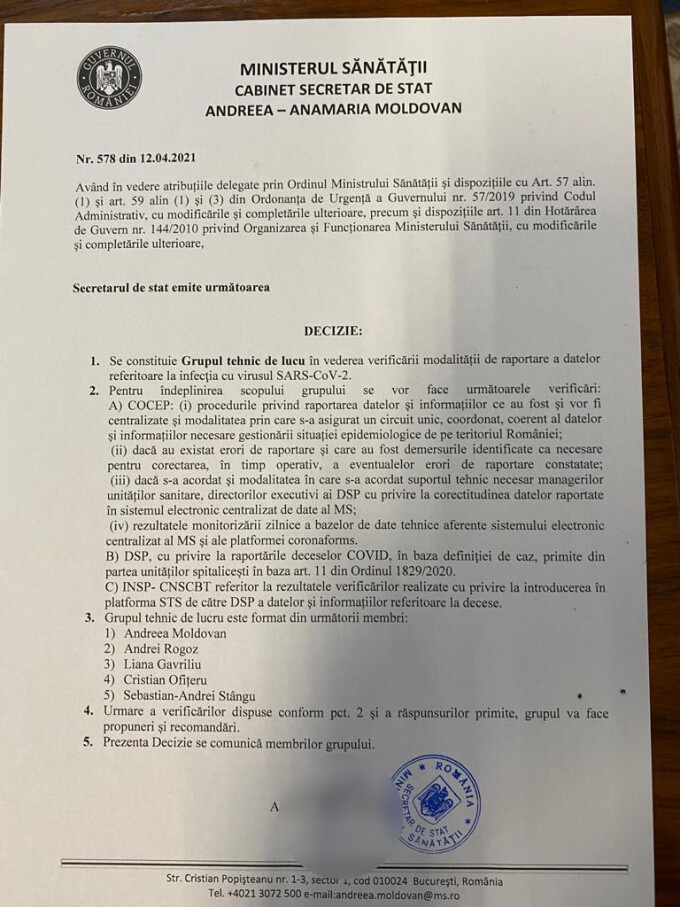 Informaţiile apărute în presă cu privire la existenţa unui document transmis în atenţia premierului Florin Cîţu, referitor la constituirea unui grup