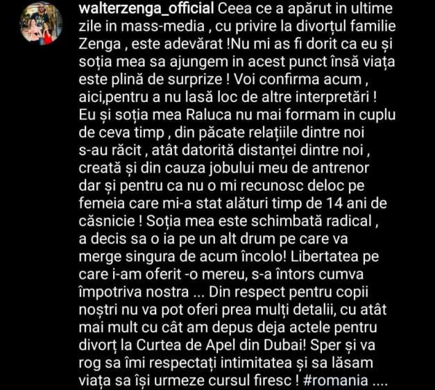 Walter Zenga a anunțat, pe internet, că  divortează de Raluca