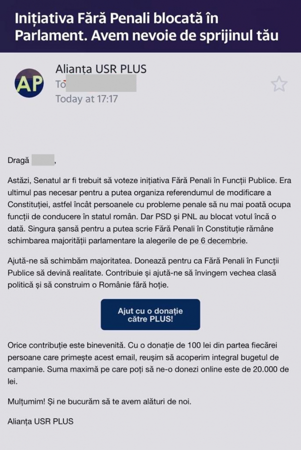 Fără Penali în Funcții Publice” pentru a strânge bani pentru propria campanie electorală și pentru a ataca PNL