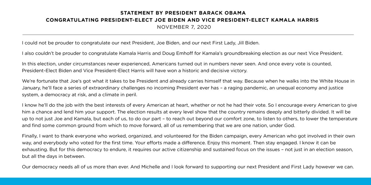 Obama l-a felicitat pe Biden: ‘Suntem norocoşi că Joe are tot ce trebuie pentru a fi preşedinte’