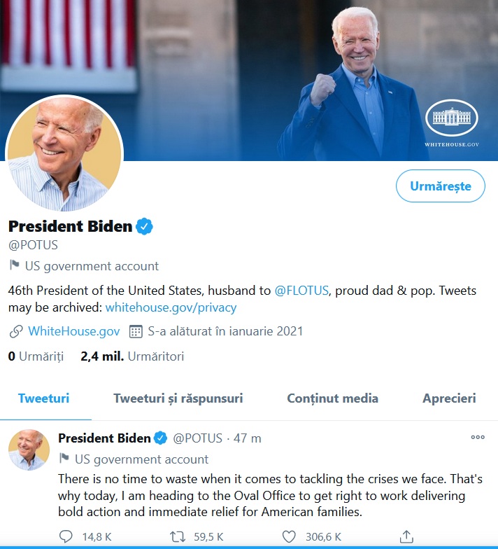 Joe Biden a făcut prima postare pe Twitter în calitate de președinte